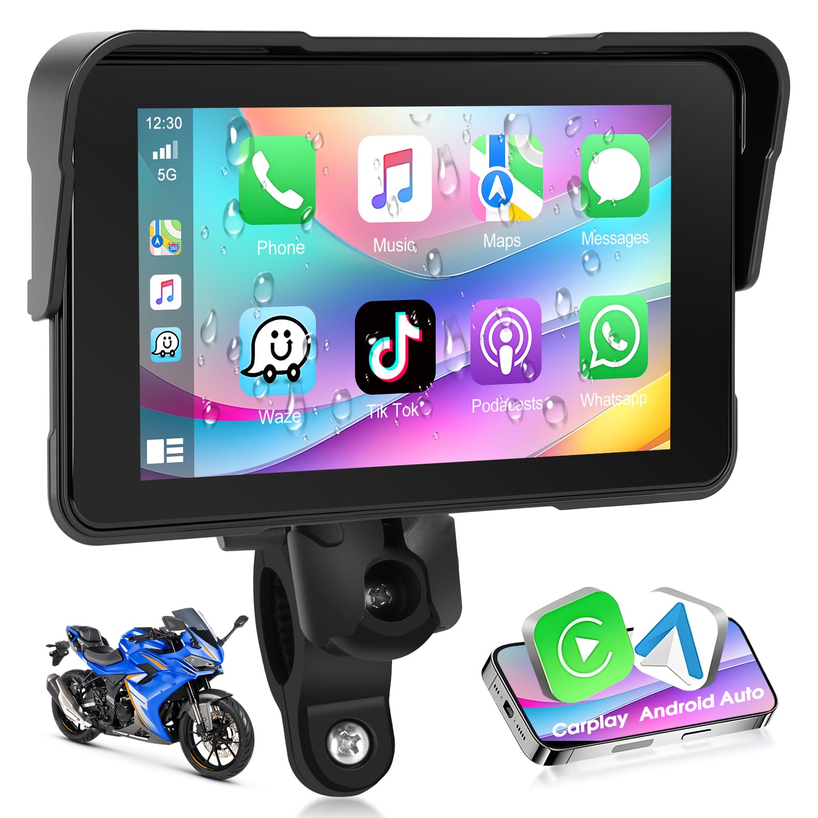 A-pple CarPlay Display Moto Android Auto IP68 Touchscreen HD 5 Pollici Autoradio Portatile Navigazione GPS Bluetooth Radio FM