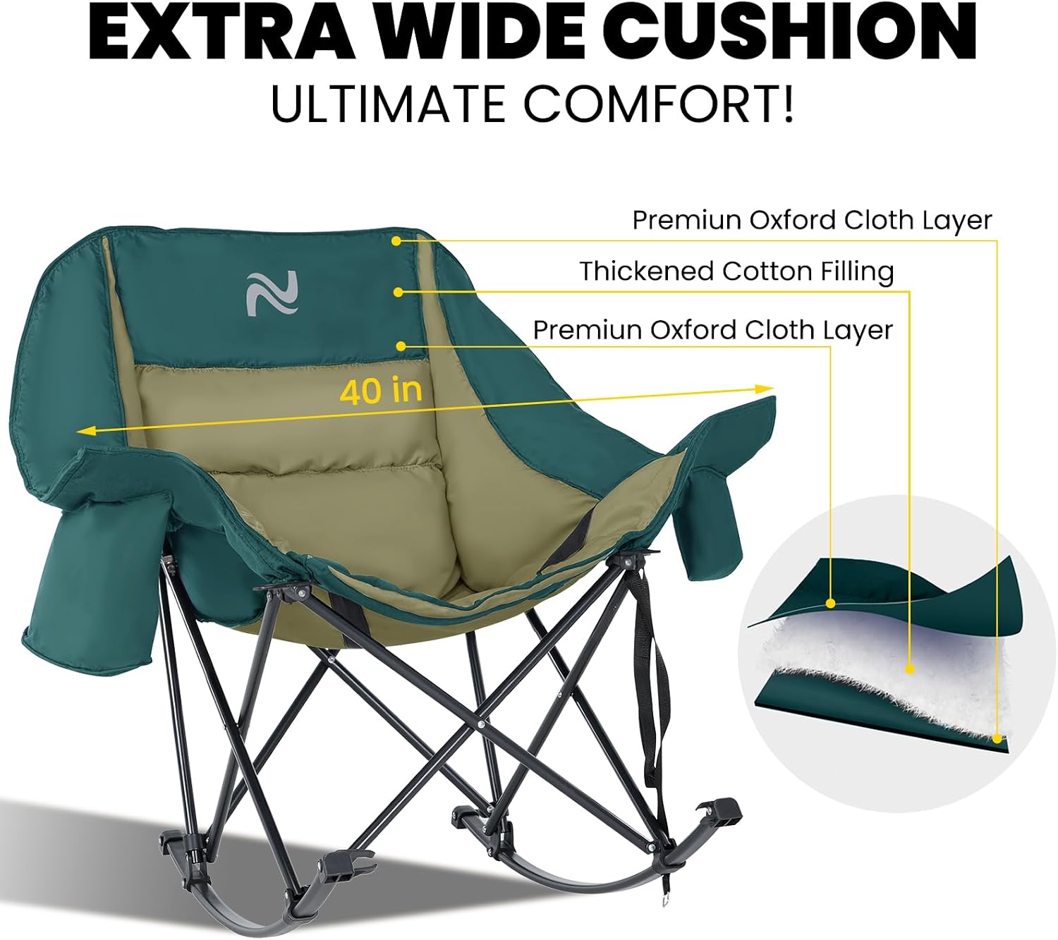 NAIZEA Folding Rocking Camping Chair, Portable Outdoor Rocker with Cooler Bag - 400lbs Capacity, 600D Oxford Fabric, Easy Fold Padded Rocker Chair for Patio, Lawn, Camping, Backyard, Beach