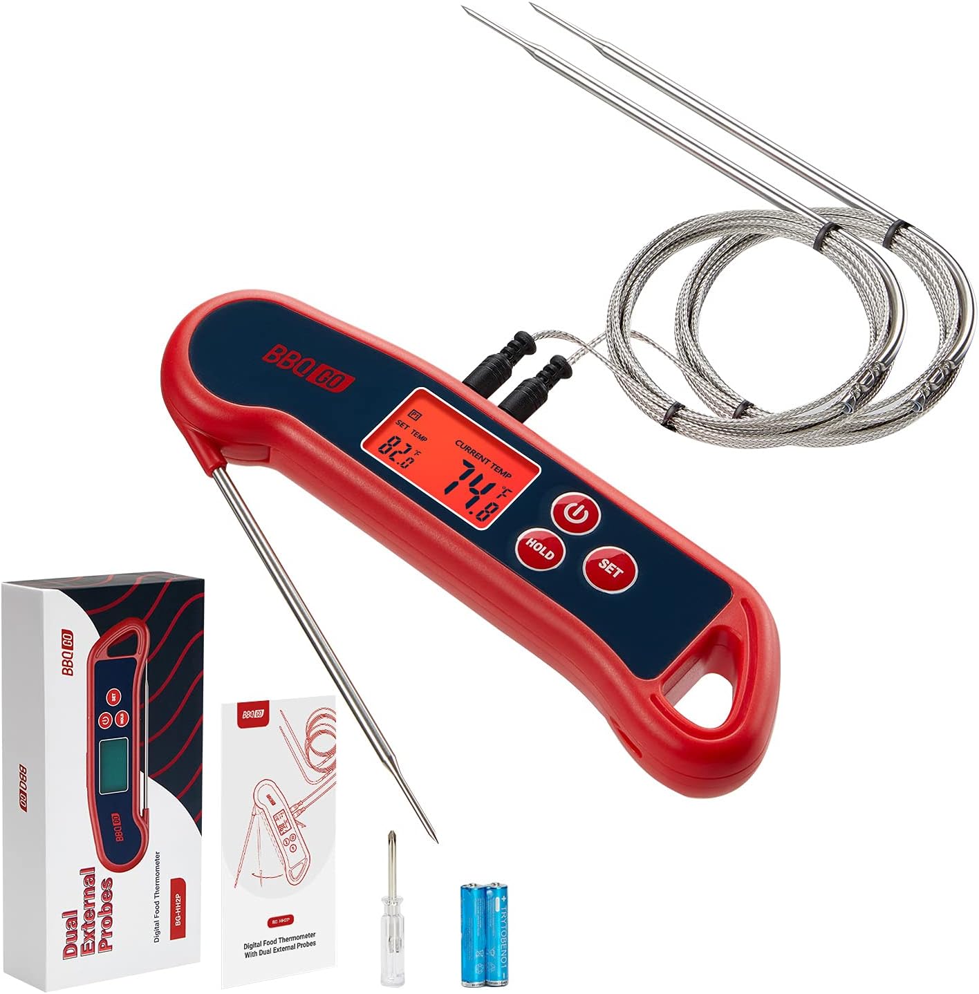 Instant Read Food Thermometer with 2 External Probes, Waterproof