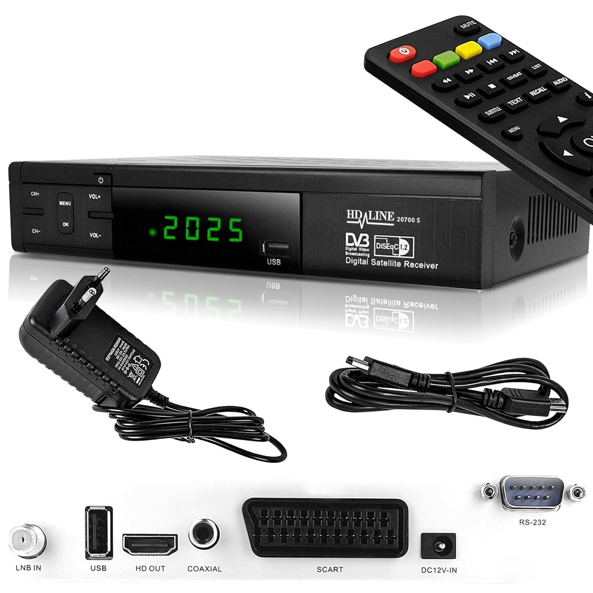 Receptor de satélite HD-Line 20700 HD DVB-S2 HD para Receptor de satélite Digital (DVB-S/S2, HDMI, SCART, 2 Puertos USB 2.0, 1080p) (preprogramado para Astra Hotbird y Türksat)
