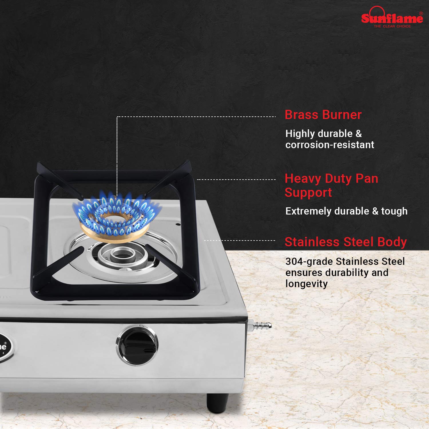 Sunflame EXCEL COOK 2 Burner Gas Stove, Stainless Steel Body, Manual