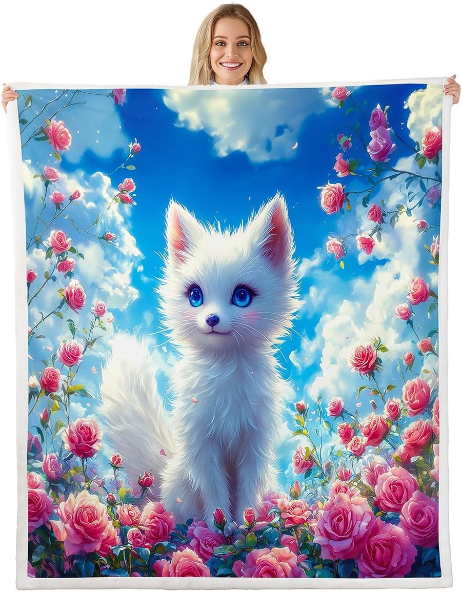 White Cat Kids Flannel Blanket,Kawaii Animal Cute Pet Print Fuzzy Blanket for Children,Purple Floral Blue Sky Nature Polyester Throw Blanket for Couch, Twin Size (60 x 80 Inch)