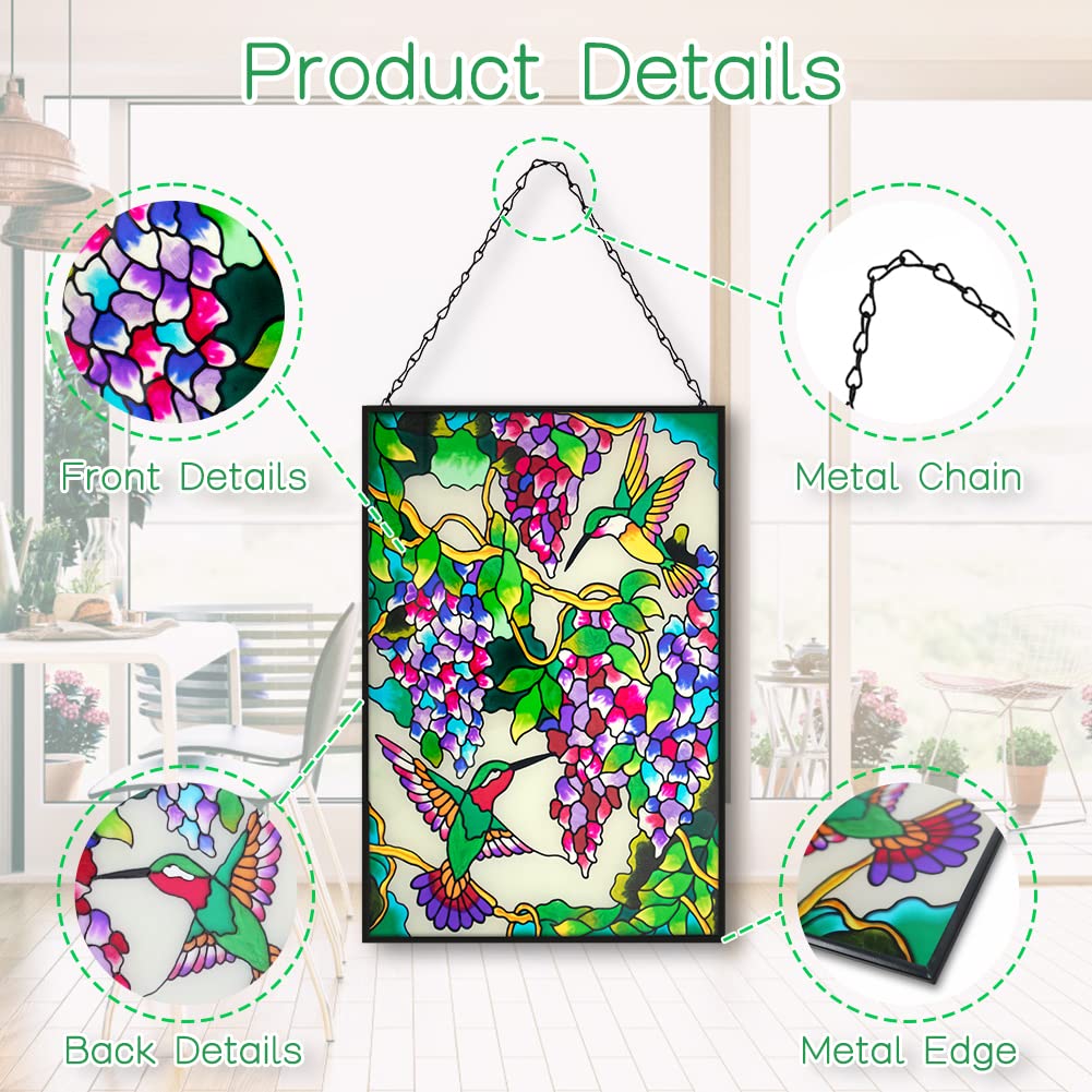 VEWOGARDEN Kolibri Buntglas-Fensterbehänge 25,4 cm B x 38,1 cm H Vogel-Sonnenfänger Panel mit Kettenfenstern hängende Dekoration Ornament Geschenk