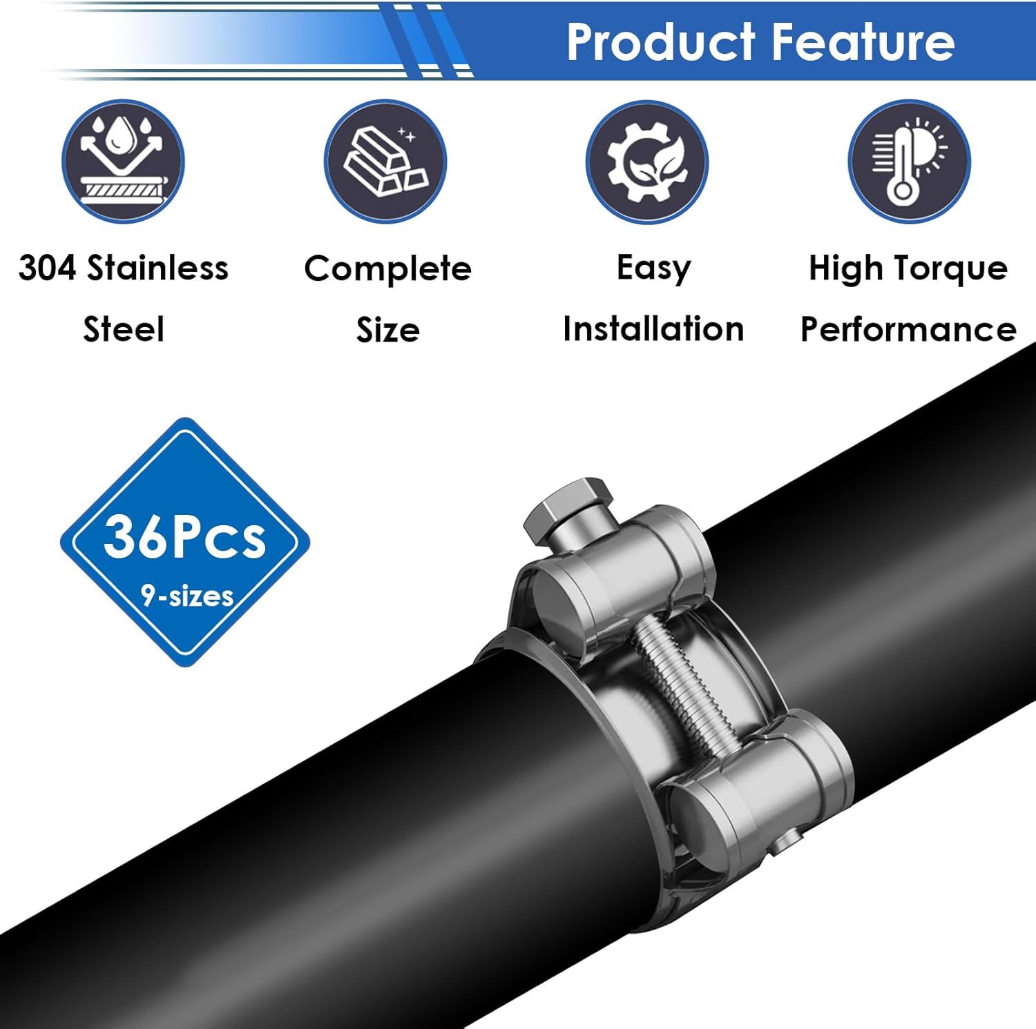 smseace 36Pcs 17-47mm T-bolt Hose Clamps 304 Stainless Steel 9-sizes Heavy Duty T bolt Hose Clamps with M8 and M10 Socket Wrenches