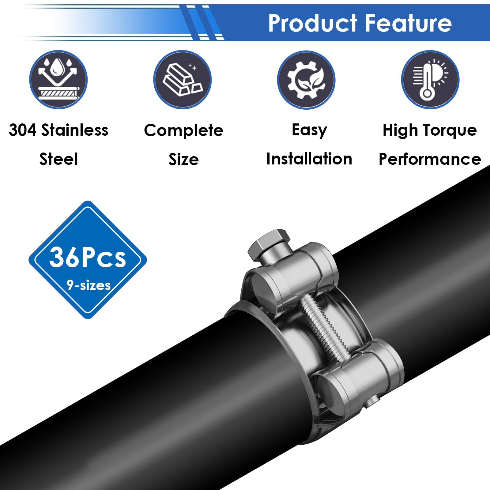 smseace 36 abrazaderas de manguera de perno en T de 17-47 mm, acero inoxidable 304, 9 tamaños, abrazaderas de manguera resistentes con llaves de vaso M8 y M10