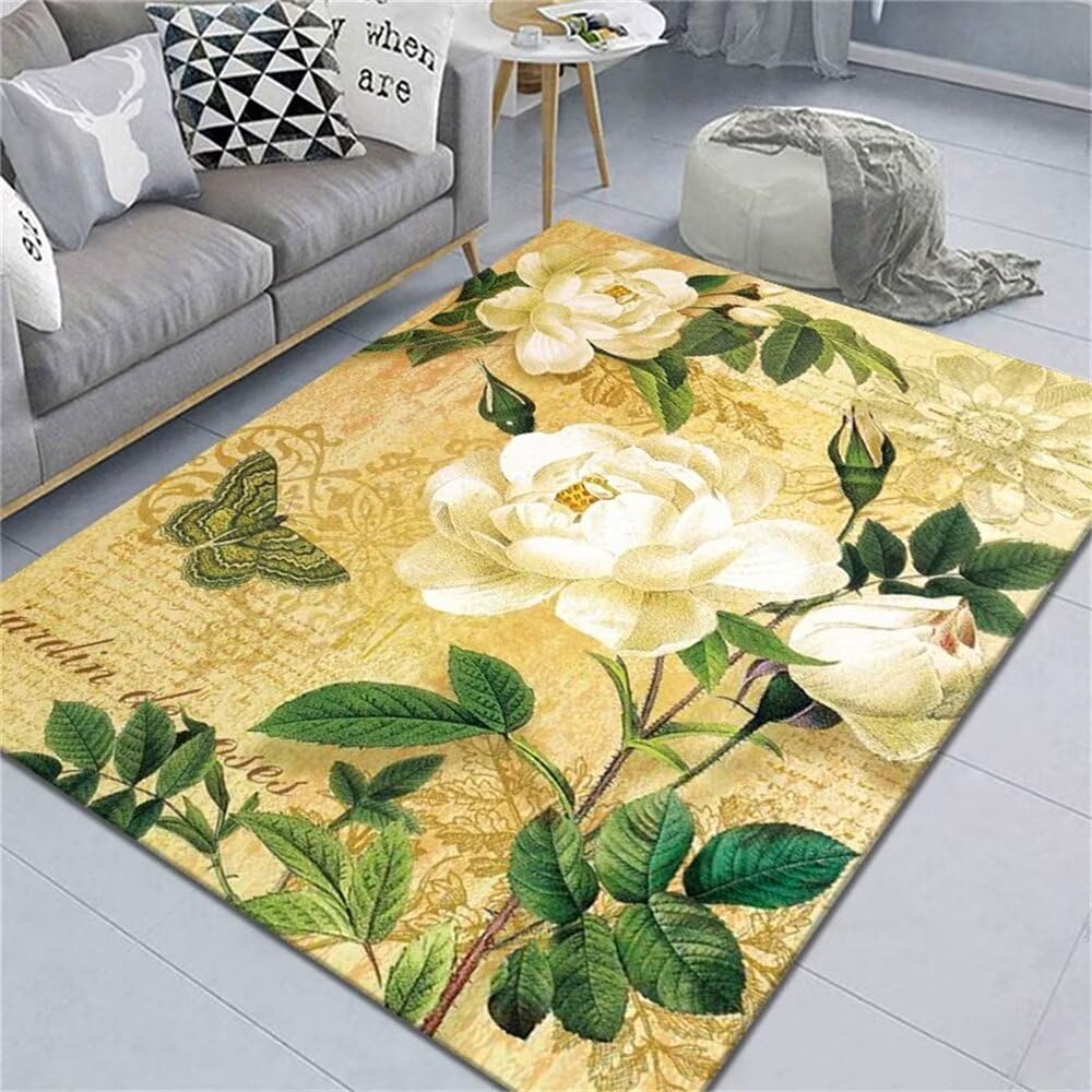 Tapis de salon fleurs blanches et feuilles vertes au design rectangulaire