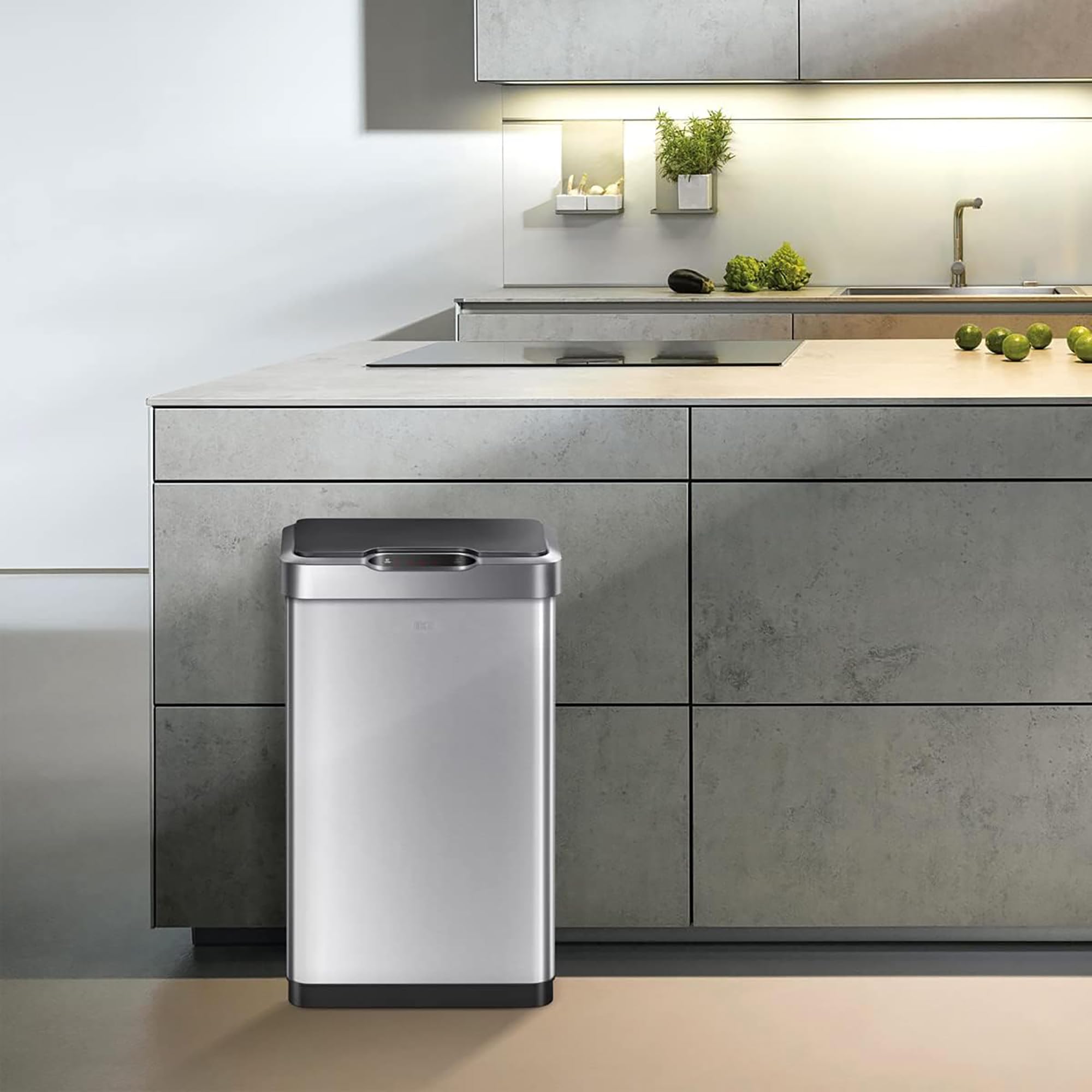 EKO Poubelle Cuisine Automatique 50L Mirage-T | Bac Rectangulaire avec Capteur Mains Libres | Acier Inox Brossé Anti-Traces | Cuisine Moderne