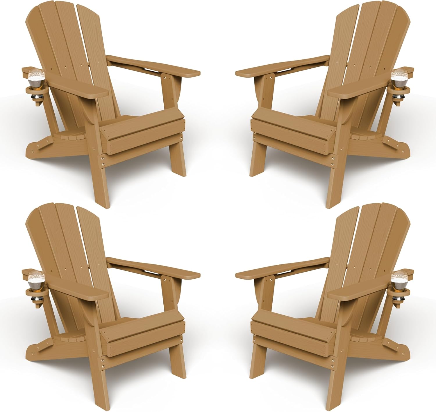 Kingdura Foldable Adirondack Chair, Portable HDPE All Weather Resistant Outdoor Patio Chairs, Wooden Textured with Cup Holder, 380LBS Capacity for Poolside, Backyard, Deck, Fire Pit (Brown)