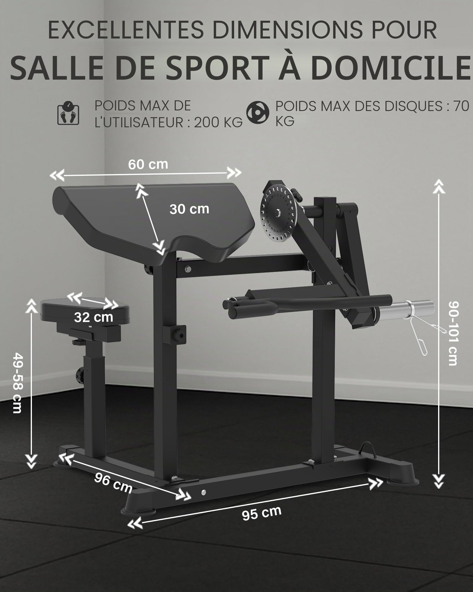 HVO Banc à Biceps & Triceps : 2-en-1 Pupitre à Biceps Réglable pour Curl et Extension des Triceps Assise – Banc de Musculation pour Entraînement des Bras à Domicile – Noir