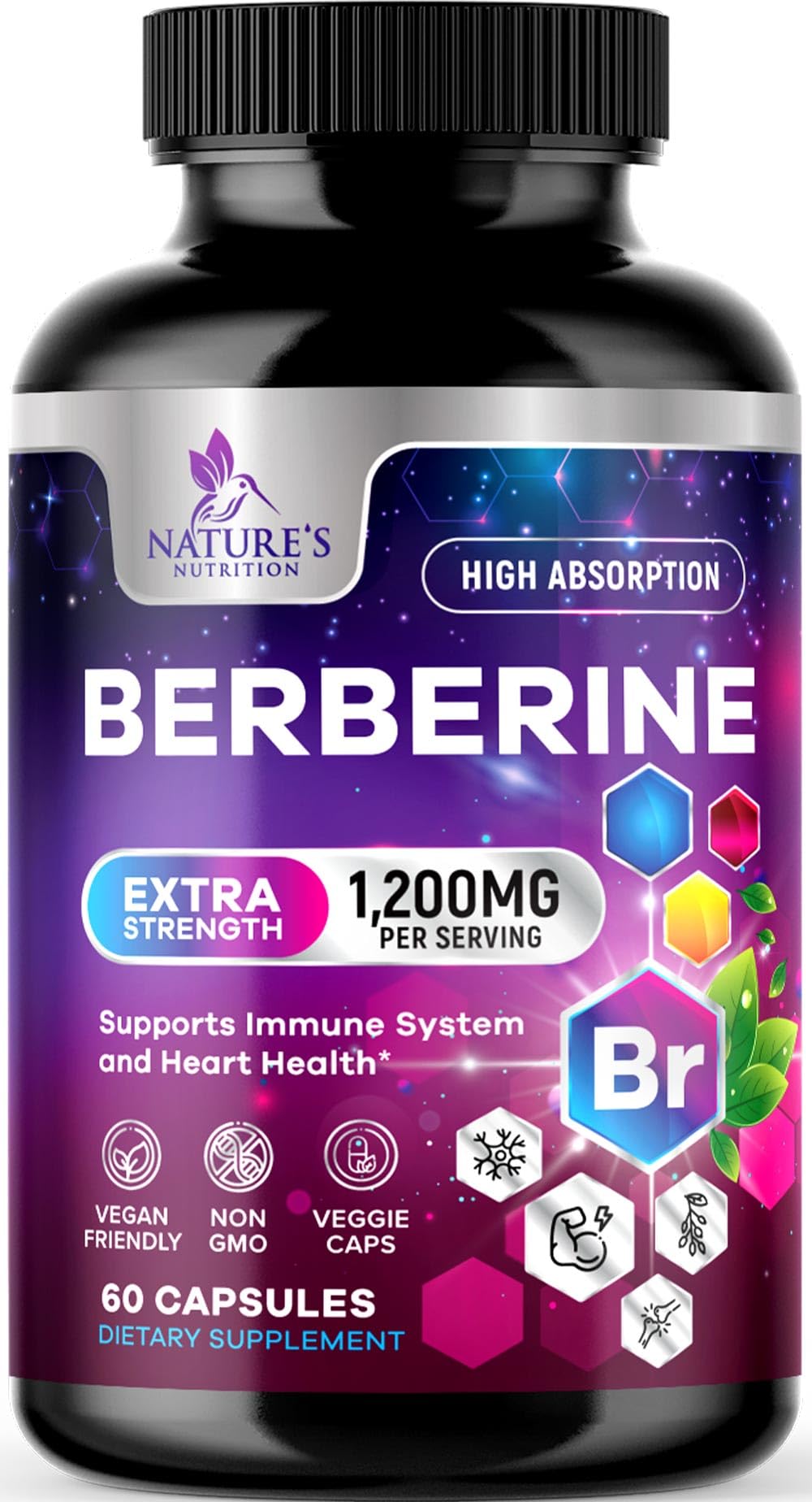 Berberine HCL Supplement 1200mg - High Absorption HCL, Extra Strength Berberine Supplement for Advanced Heart Health & Daily Immune Support, Sugar Free, Vegan, Bottled in USA - 60 Veggie Capsules