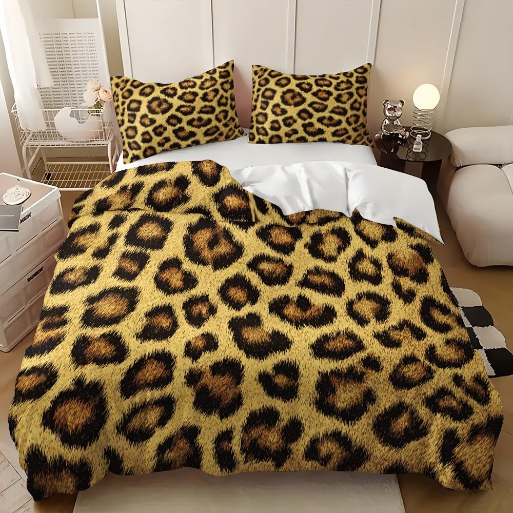 Parure de couette 2 personnes motif léopard jaune 240x220 hypoallergique pour chambre