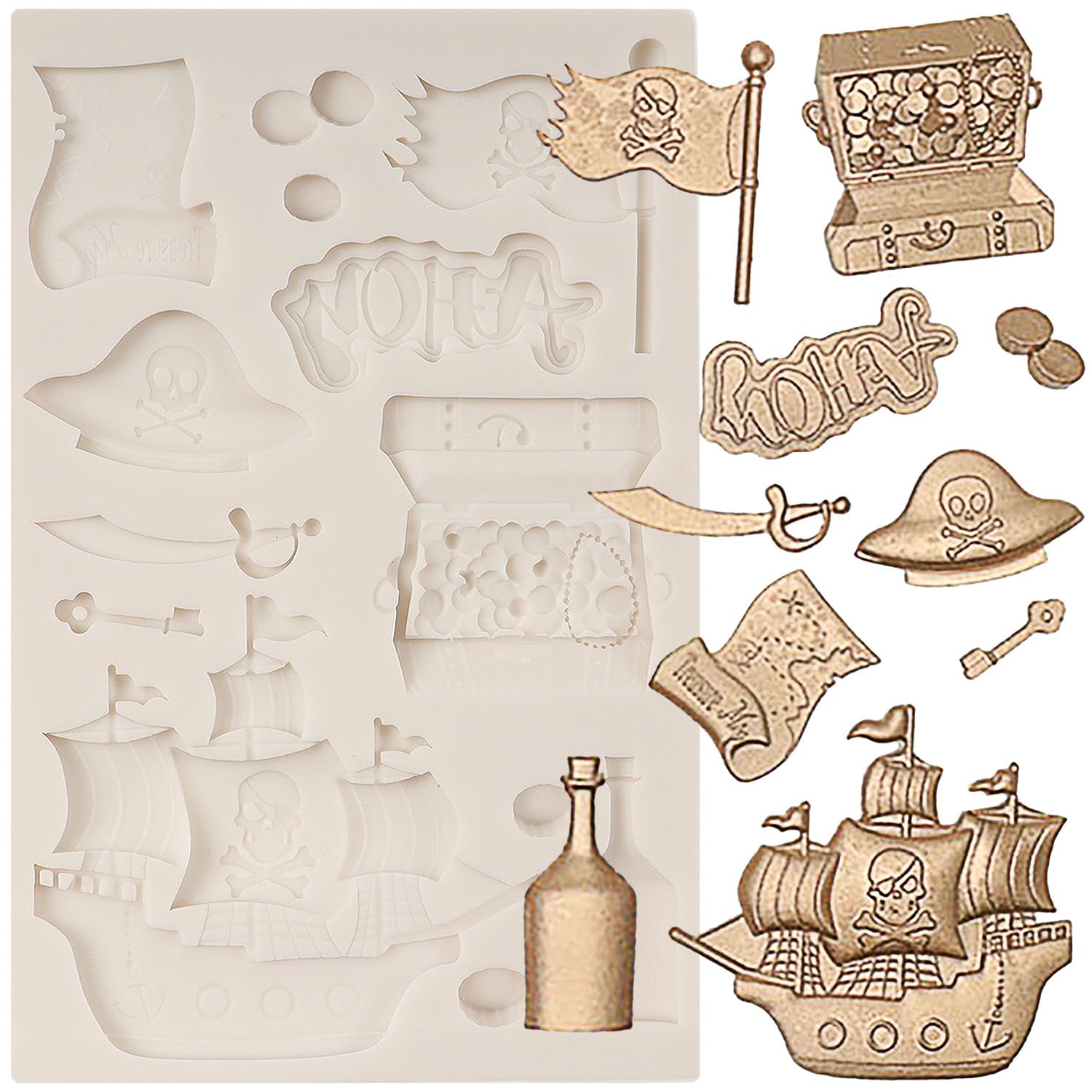MINFEIDMS Pirate Silicone Moulds Treasure Chest Pirate Ship Chocolate Fondant Mould Pirate Flag Map Moulds for Cake Decorating Cupcake Topper Candy Chocolate Polymer Clay Gum Paste