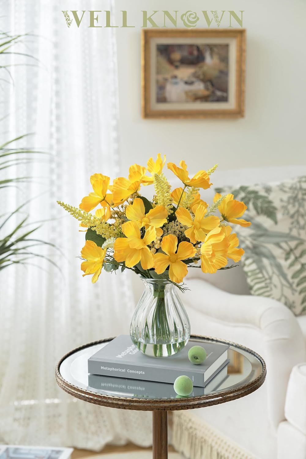 WELL KNOWN Artificial Flowers Daisies with Vase, Fake Silk Flowers in Vase with Fake Water, Fake Eucalyptus Plant Decor for Home Office Bathroom Farmhouse Kitchen Dining Table Decor (Yellow)