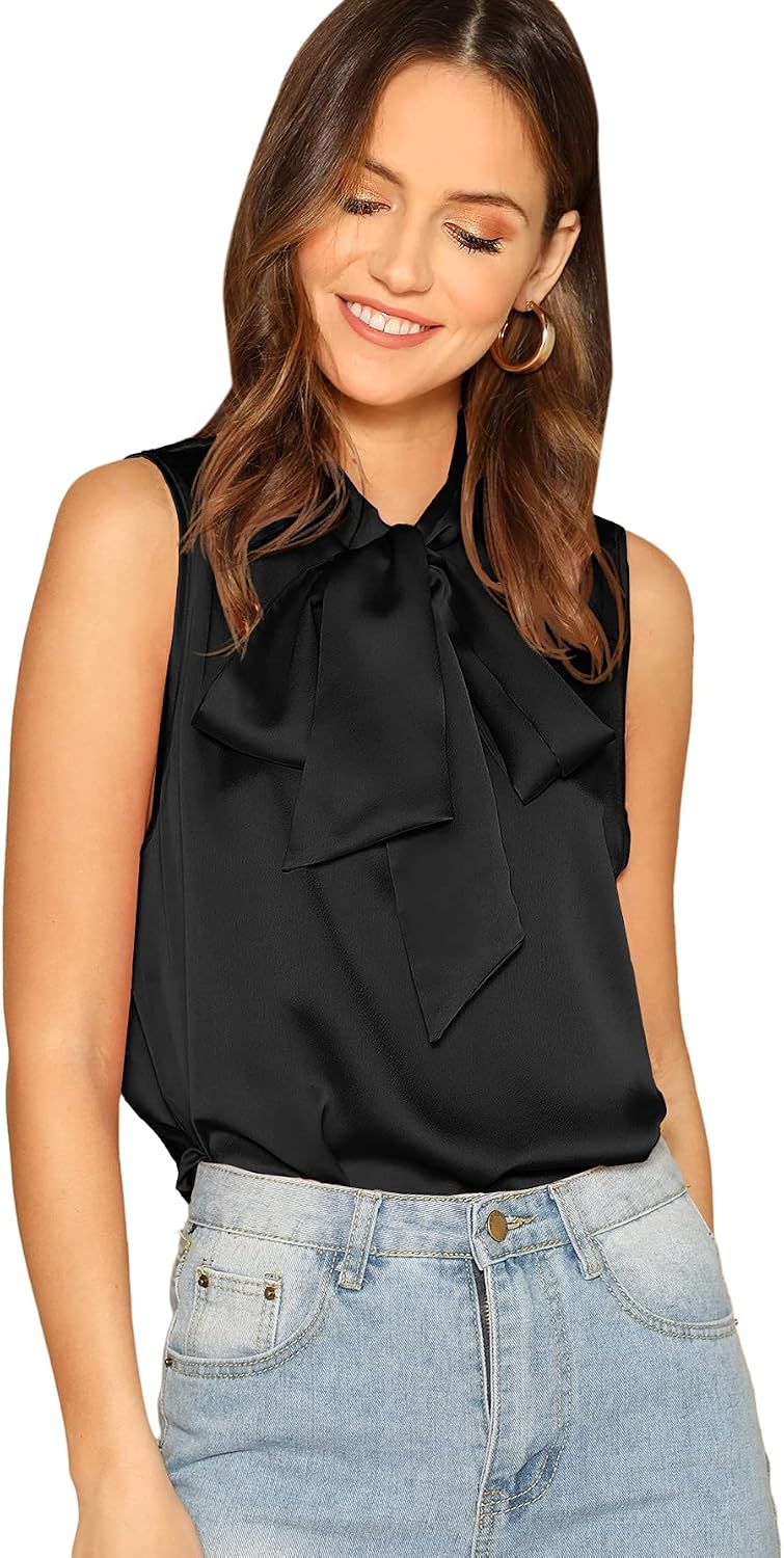 SheIn Women's Solid Bow Tie Neck Sleeveless Casual Work Blouse Shirts Tops Iron Black Large