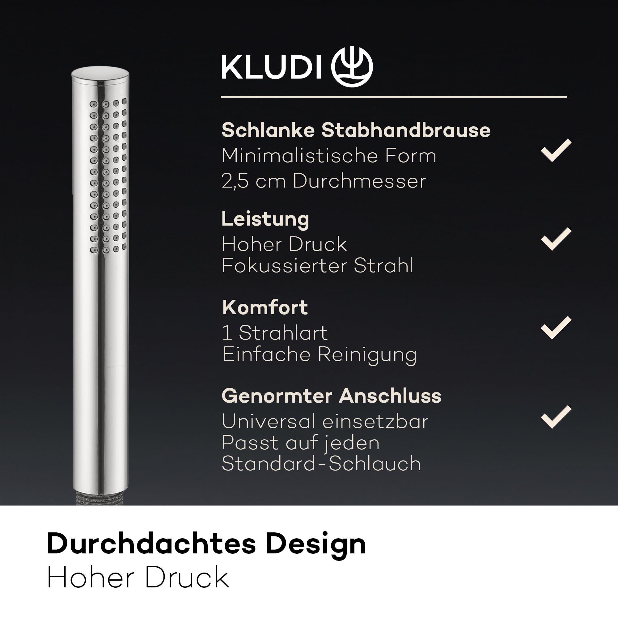 KLUDI -X1 Design słuchawka prysznicowa (chrom), długość 20 cm, antykamień, 1 rodzaj strumienia, Ø 2,5 cm, G 1/2 złącze uniwersalne, DN 15