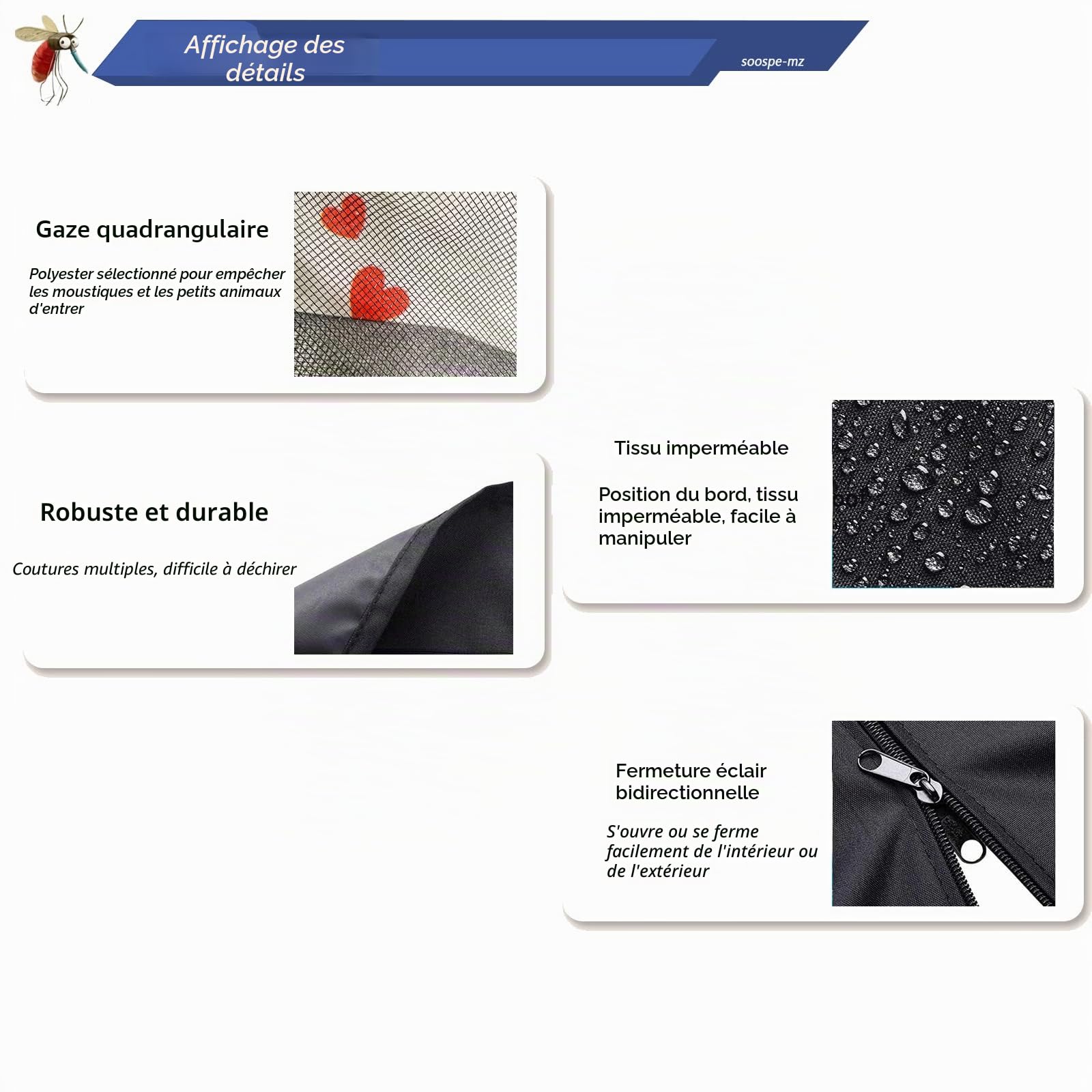 Moustiquaire pour Parasol de terrasse de 4,6 m Double Face, moustiquaire avec Fermeture éclair, Double Porte, Noir (pour Parasol de 4,6 m)