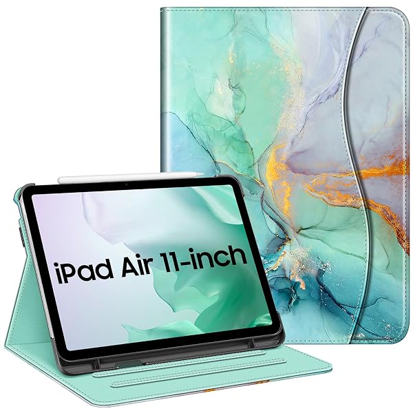 FINTIE Custodia compatibile con iPad Air di 5a generazione (2022) / iPad Air 4a generazione (2020) 11,9", visualizzazione multi-angolo con supporto, con tasca, auto sleep/wake, marmo smeraldo