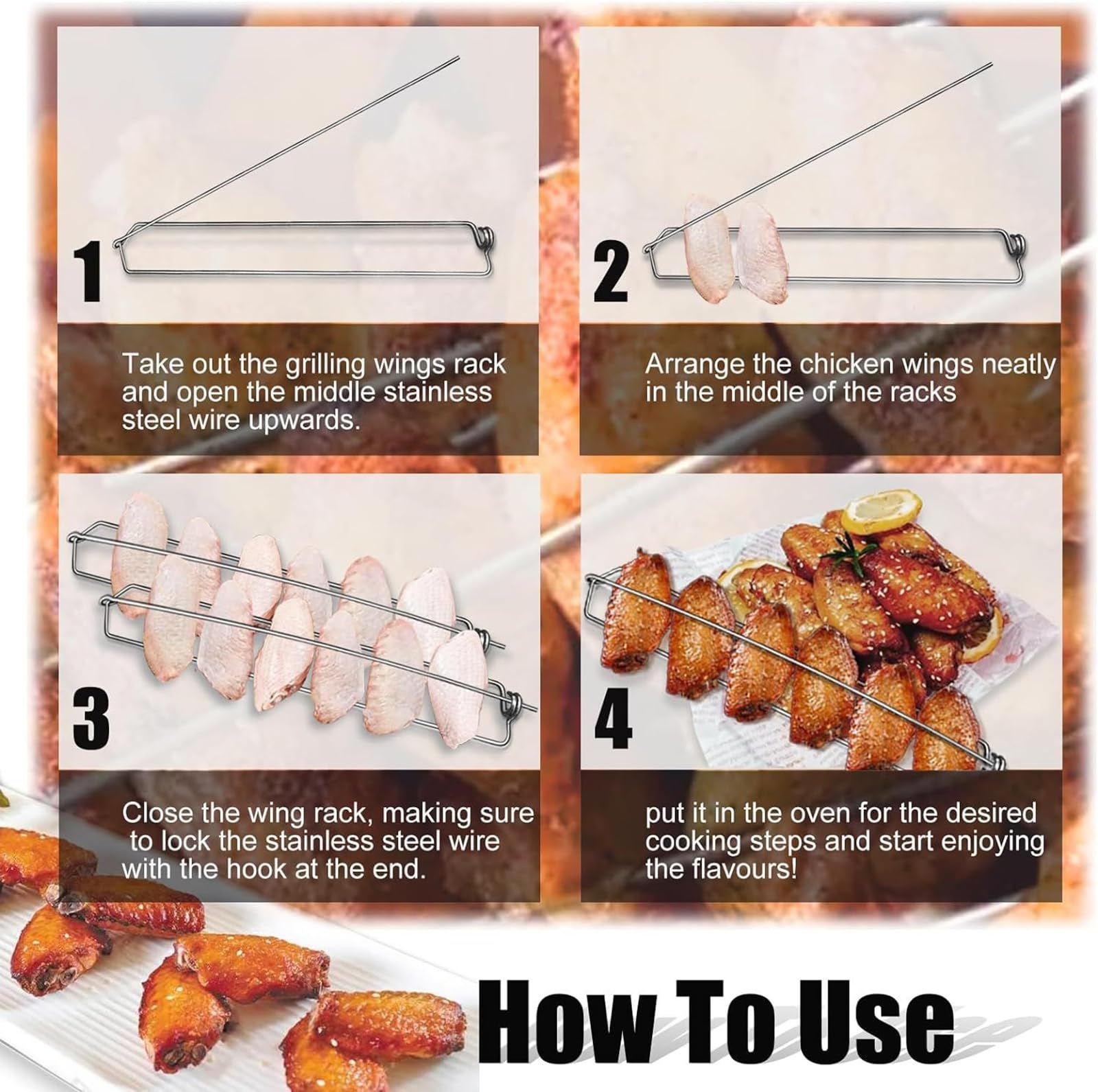 4 Pezzi Clamping Wing Rails for Grilling Chicken Wings,Chicken Wing BBQ Fork,Ali di Pollo Forchetta BBQ,Set di Strumenti per Barbecue con Ali di Pollo Picnic All'Aperto