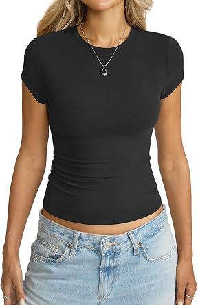 Eachyes Womens Cap Sleeve Tops Crew Neck Short Sleeve Shirts Slim Fit Basic Tees Summer Outfits Clothes 2026