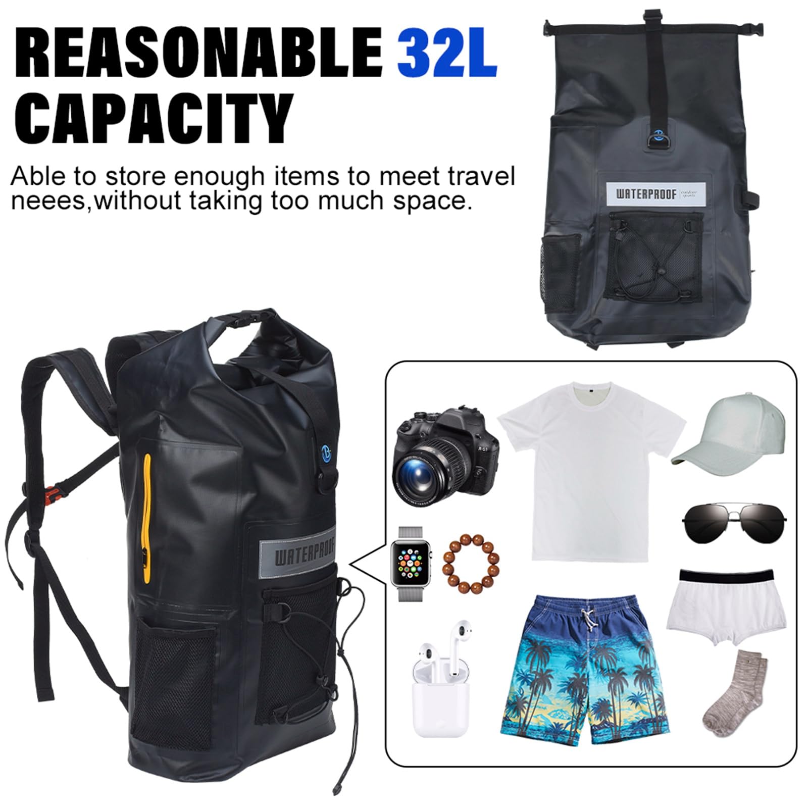 Blueshyhall Wodoszczelny plecak, torba marynarska, wodoodporna torba sportowa, torba Duffel Bag Dry Bag, wytrzymała torba, torba zwijana, plecak z kieszenią wewnętrzną, na łódź, kemping (czarny, 32 l)