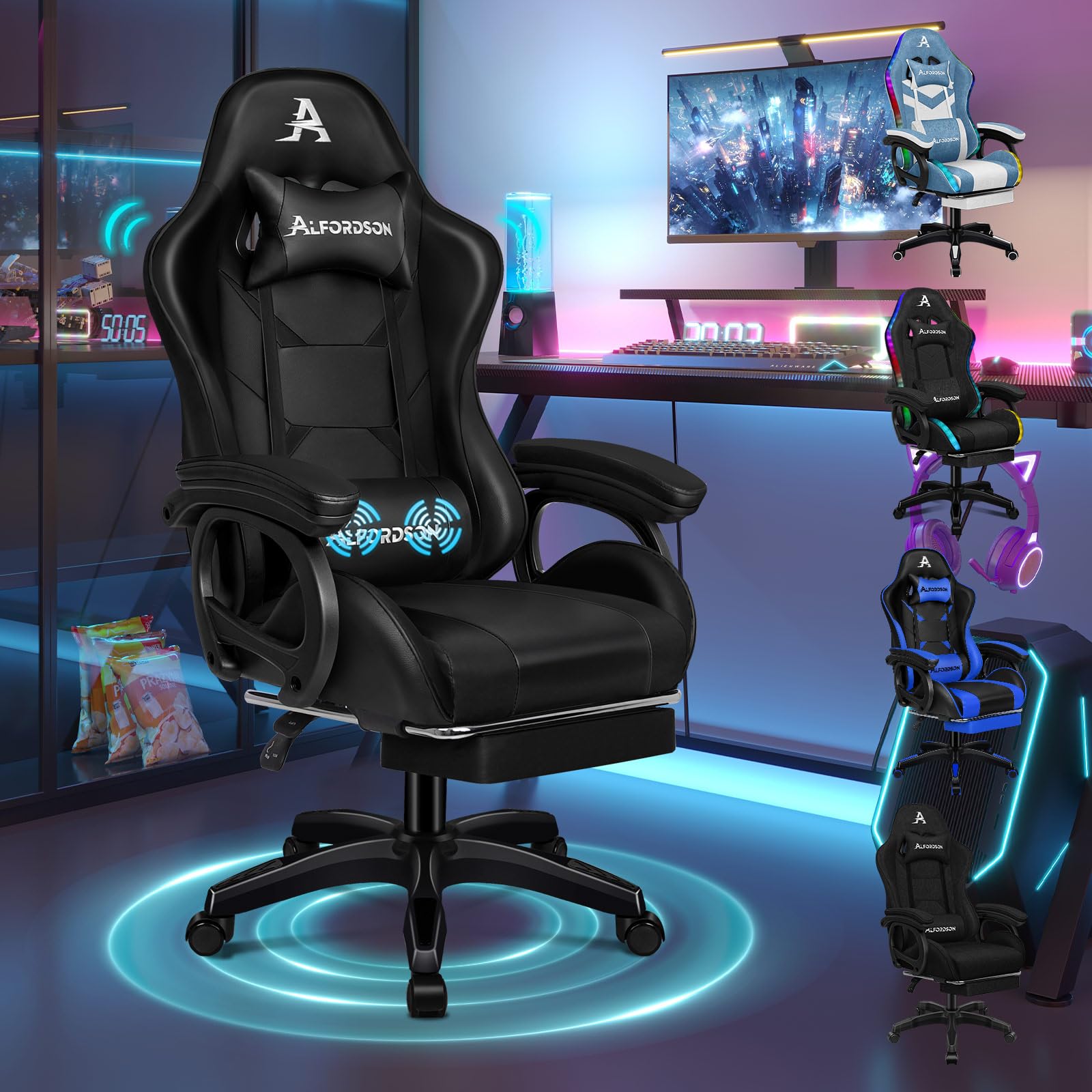 ALFORDSON Silla Gaming, Asiento Gaming con Soporte Lumbar de Masaje, Sillón Giratorio Ergonómico con Reposacabezas, Altura Regulable, Líder en PU, Negro