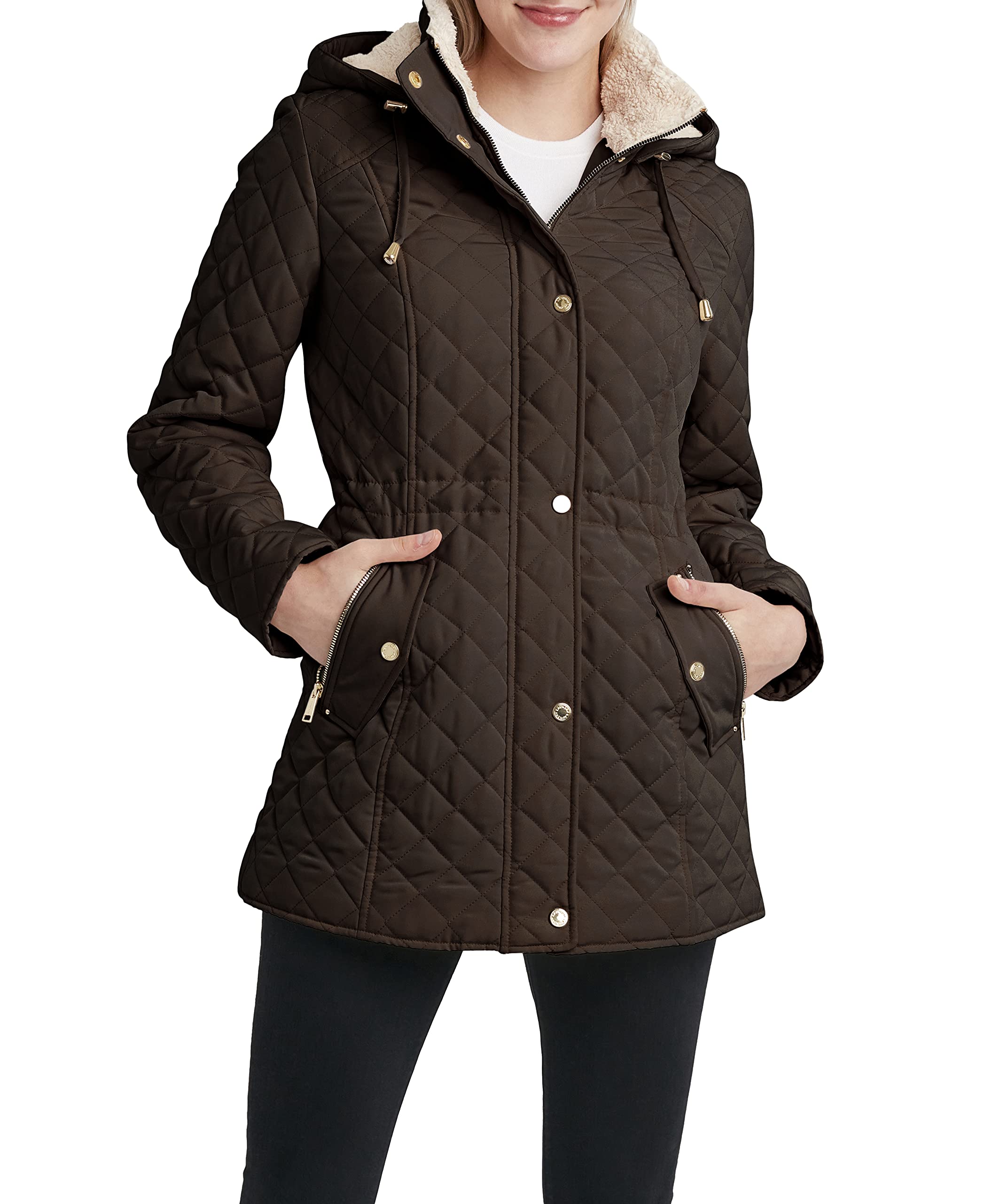 LAUNDRY BY SHELLI SEGAL Women's 3/4 Quilted Faux Shearling Jacket with