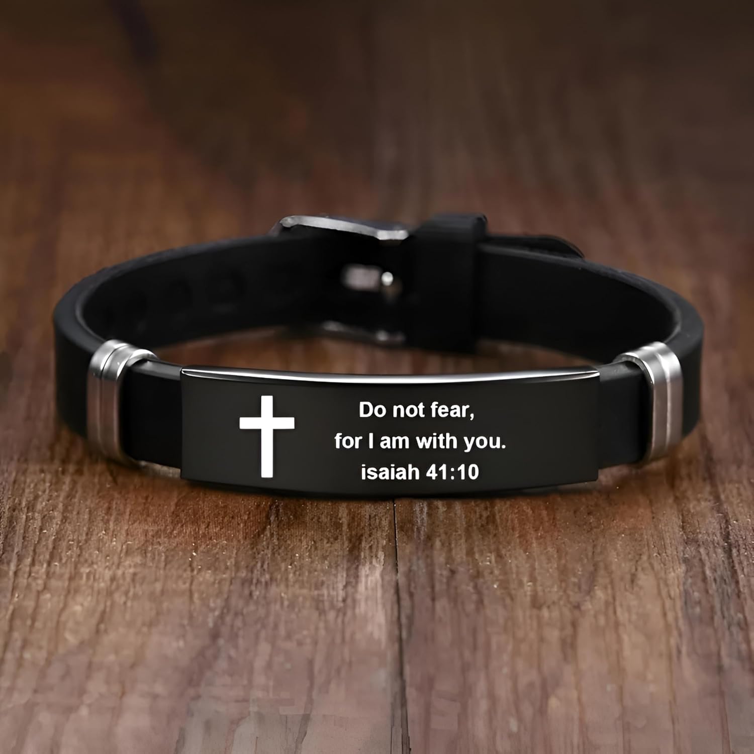 Christian Cross Bracelet with Proverbs 3:5, Phillipians 4:13, Matthew 19:26, Isaiah 41:10, Luke 1:37, Matthew 28:20 Scripture, Black Silicone Adjustable Watch Band, 9.05 inch Length