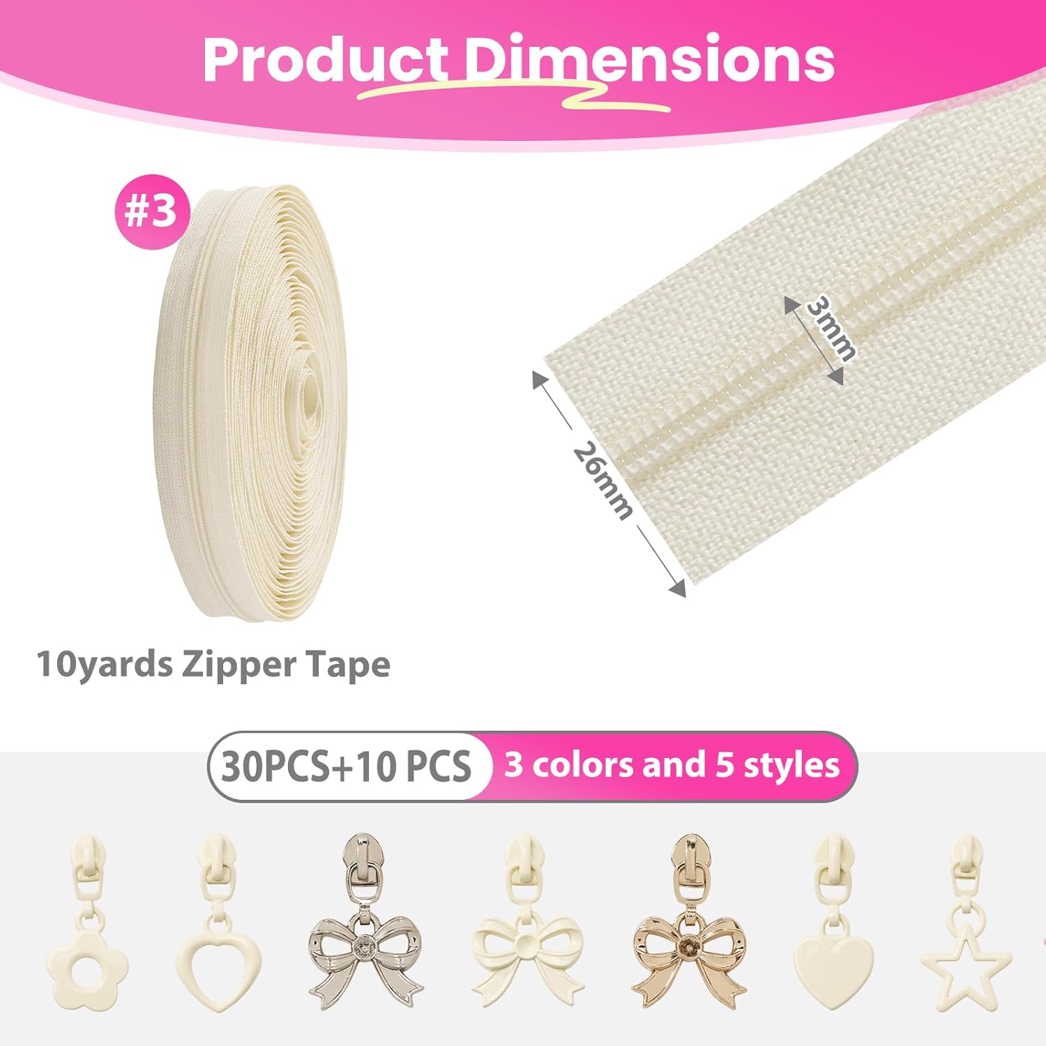 MYLbeter 10 Yards Sewing Zipper Tapes with 40 pcs Assorted Charm Pulls Bulk Nylon Coin Zippers for Bags and Purses Tailor DIY Craft Sewing Supplies (#3 White)