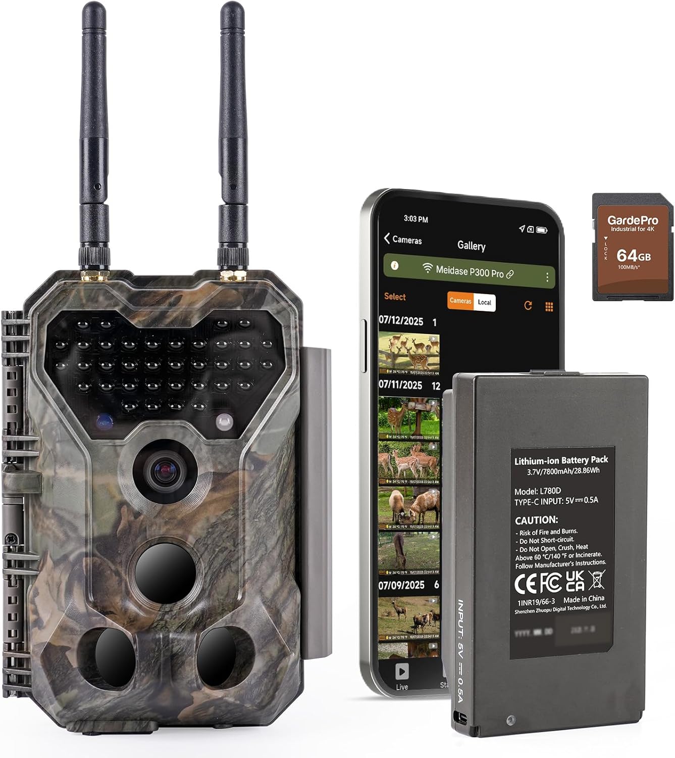 P300 Pro (Non-Cellular) WiFi Trail Camera, Dual-Antenna 165ft Range, 7800mAh Battery,Fast 0.1s Trigger Speed Motion Activated 64MP Photos, 1296p HD Video, 64GB Industrial SD Card Included