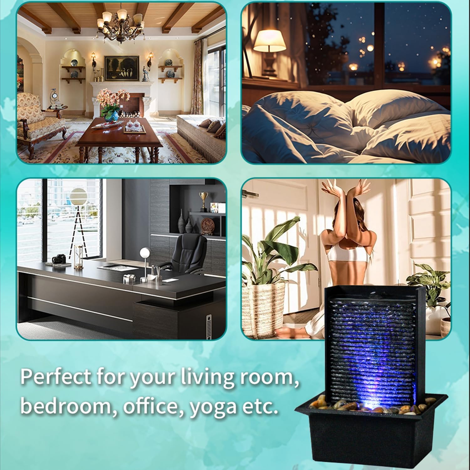 Small Indoor Relaxation Tabletop Fountain, Zen Meditation Waterfall Feature with Color LED Light & Natural Rocks, 4 Level Desk Waterfall for Home Office Bedroom Living Room Decoration (Style 2)