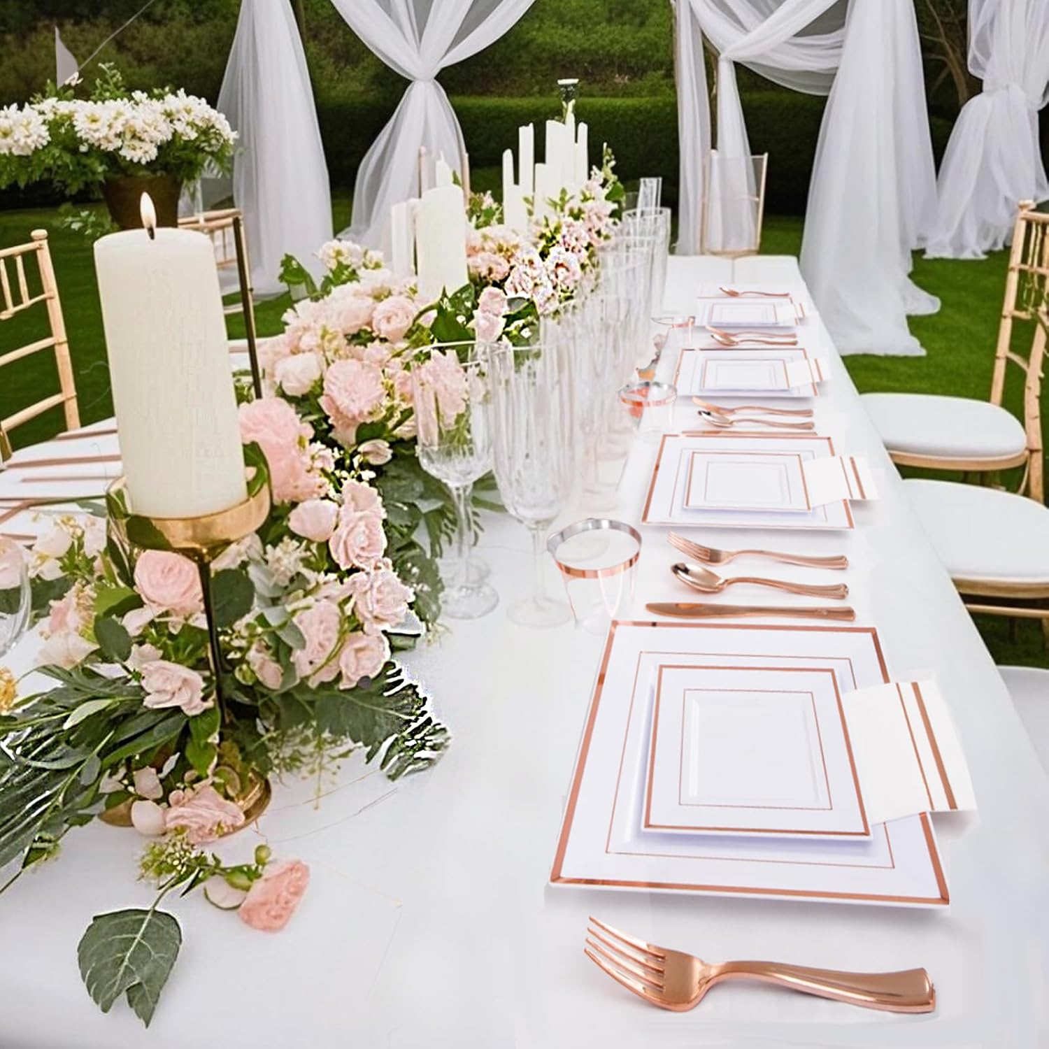 Festiva 350Pcs Rose Gold Plates and Napkins Party Supplies-Square White and Rose Gold Disposable Dinnerware include Plates Cups Cutlery Napkins for 50 Guests Wedding &Christmas Party&Mother's Day - Image 7