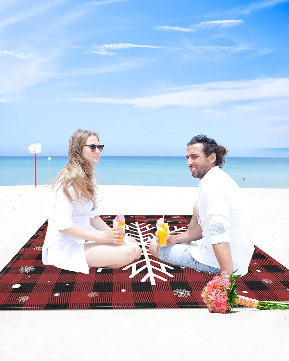 Christmas Snowflake Beach Blanket Waterproof Sandproof Outdoor Picnic Mat 83"x79" Red and Black Buffalo Checker Plaid Lightweight Large Beaach Blankets with 4 Stake & 4 Corner Pockets