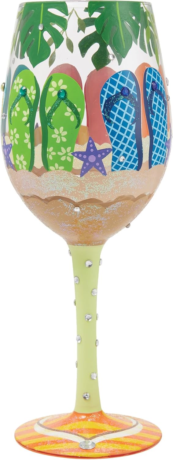 Enesco Lolita Designs Stuck in the Sand Flip-Flops Hand-Painted Artisan Wine Glass, 15 Ounce, Multicolor