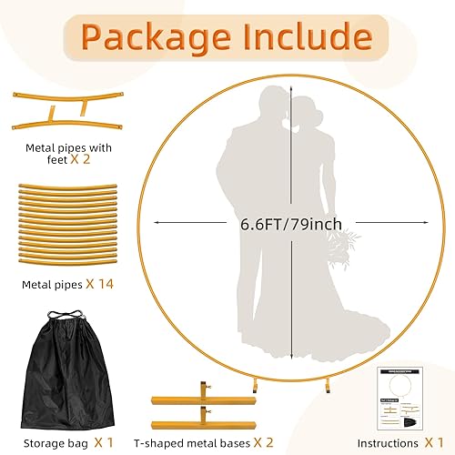 Miniatura 3 de Bezente Soporte de fondo redondo de 6.6 pies, soporte de arco de globo de metal dorado, marco de fondo de círculo de arco de boda estable para