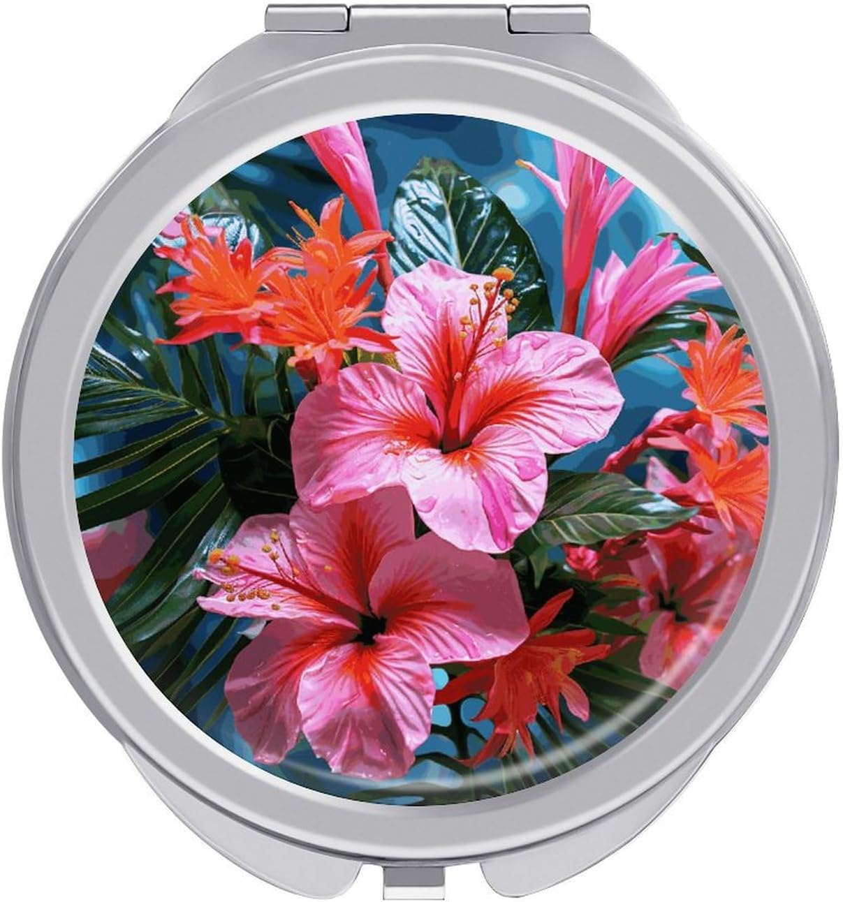 Pink Flower Tropical Plant Portable Makeup Mirror, Sided Travel Hand Mirror Mini Folding Mirror for Precise Makeup Women Daily Use