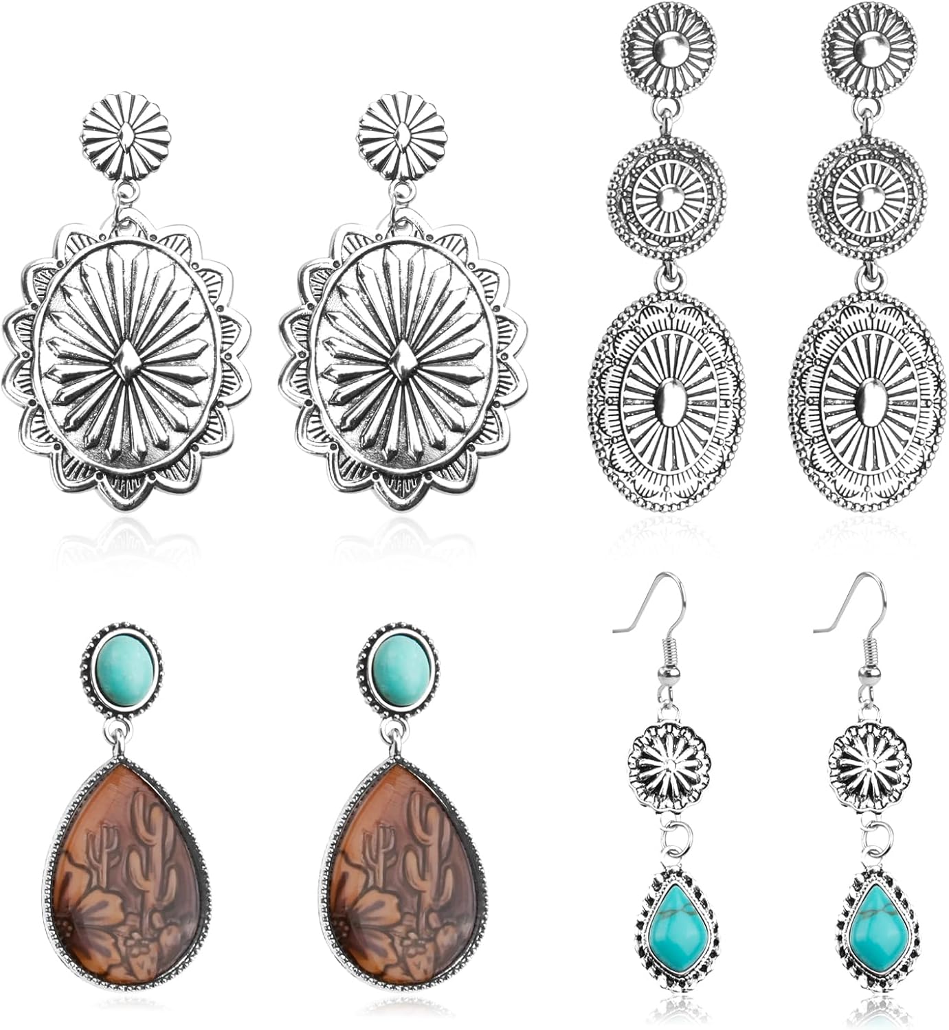 4 Pairs Western Earrings for Women,Vintage Silver Oval Teardrop Earrings,Bohemian Turquoise Pendant Earring,Country Cowgirl Jewelry Accessories Gifts for Women