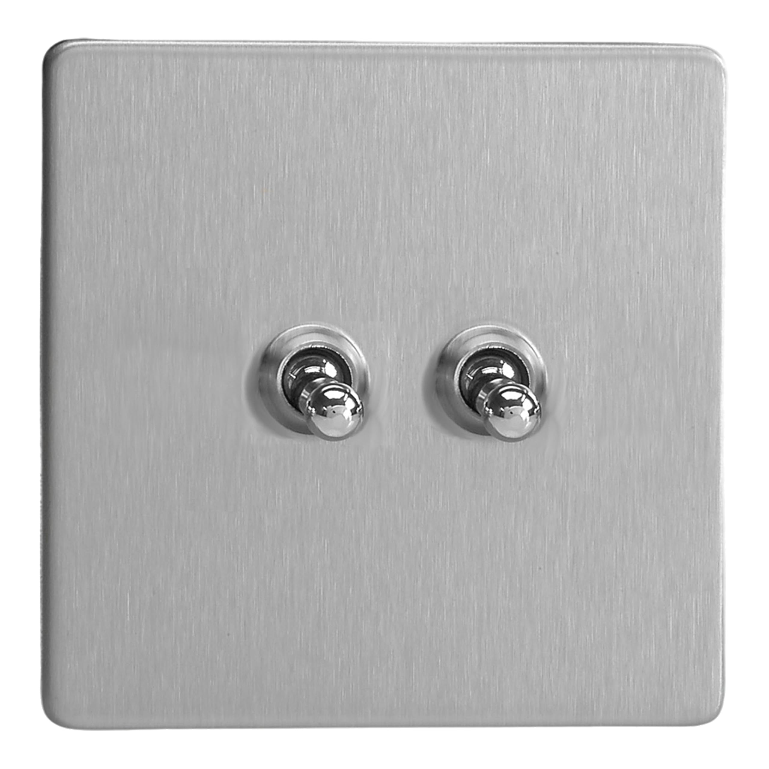 Varilight Double Light Switch 2-Way - Screwless Brushed Steel With Chrome Toggles, White, 86x86x36mm