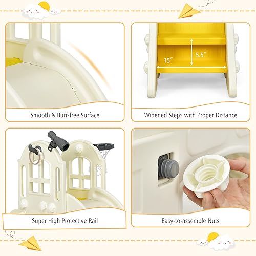 Miniatura 7 de BABY JOY Tobogán grande para niños pequeños, tobogán 6 en 1 para niños con aro de baloncesto, lanzamiento de anillo, forma de escalada convertible 2