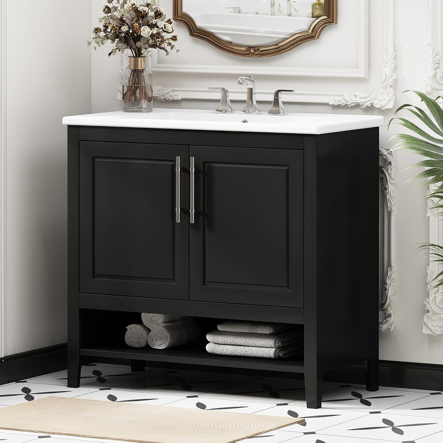 36 Inch Bathroom Vanities with Undermount Ceramic Sink, Two Pull in/Out Drawers, Soft Closing Doors, Solid Wood Frame & MDF Board, Black