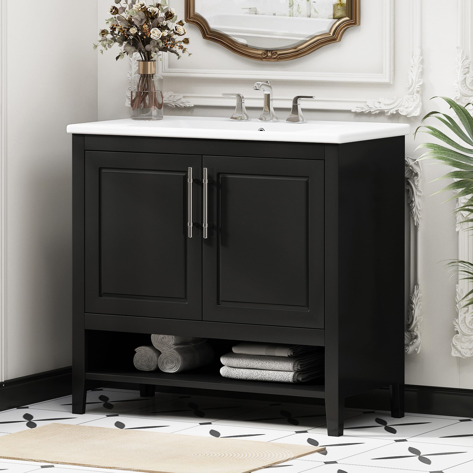 Merax 36 Inch Bathroom Vanities with Undermount Ceramic Sink, Two Pull in/Out Drawers, Soft Closing Doors, Solid Wood Frame & MDF Board, Black
