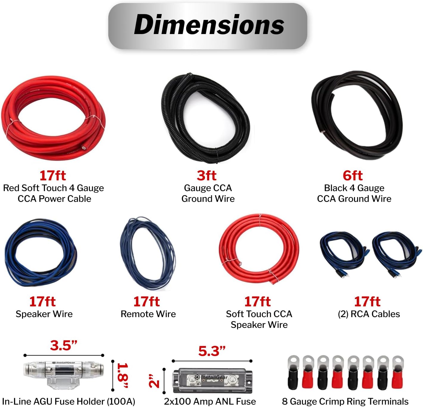 InstallGear Dual 1/0 Gauge Amp Wiring Kit - Amp Kit with 4 Amplifier Installation Wiring True Spec and Soft Touch Wire - 4 Gauge Wire, 1/0 Gauge Amp Kit, Amplifier Wiring Kit, Sub Wiring Kit