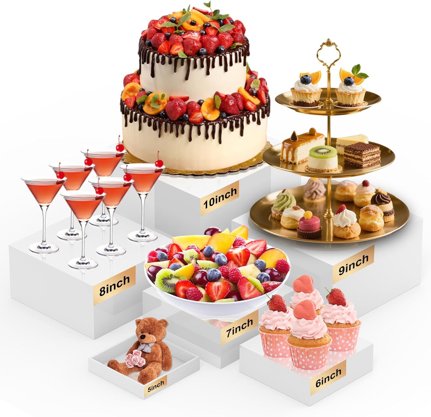 Buffet Risers Set of 6 Food Display Risers for Party, White Dessert Stands, Acrylic Cube Boxes Display Nesting for Buffet Table Catering Dessert 5" 6" 7" 8" 9" 10"