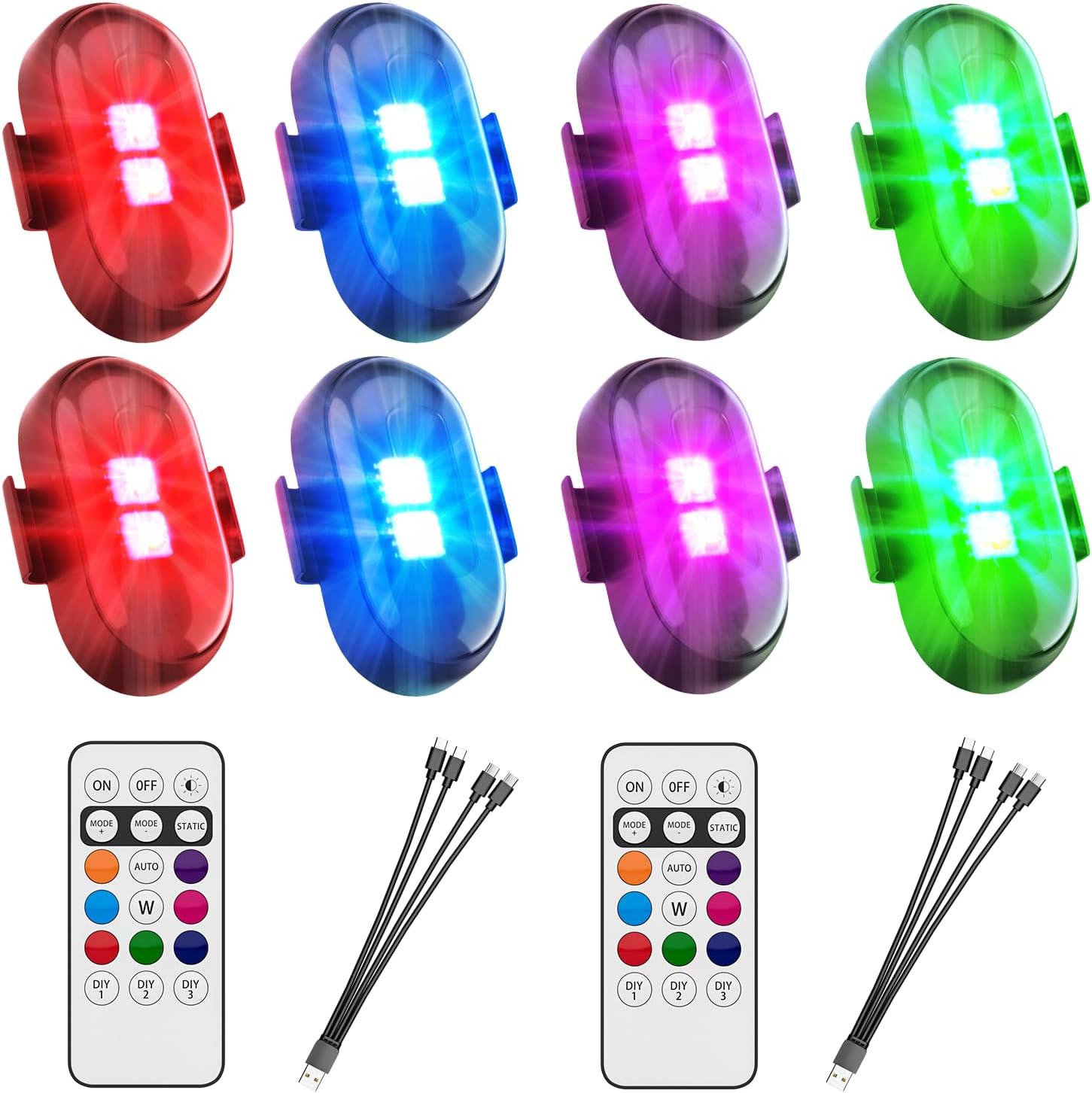 Upgrade LED Lights for Car-4PCS Interior Car Lights with Remote, USB-C 80 Hours 8 Colors IP65 Waterproof Rechargeable Underglow Wireless Strobe Lights for Trucks, eBike, Motorcycle