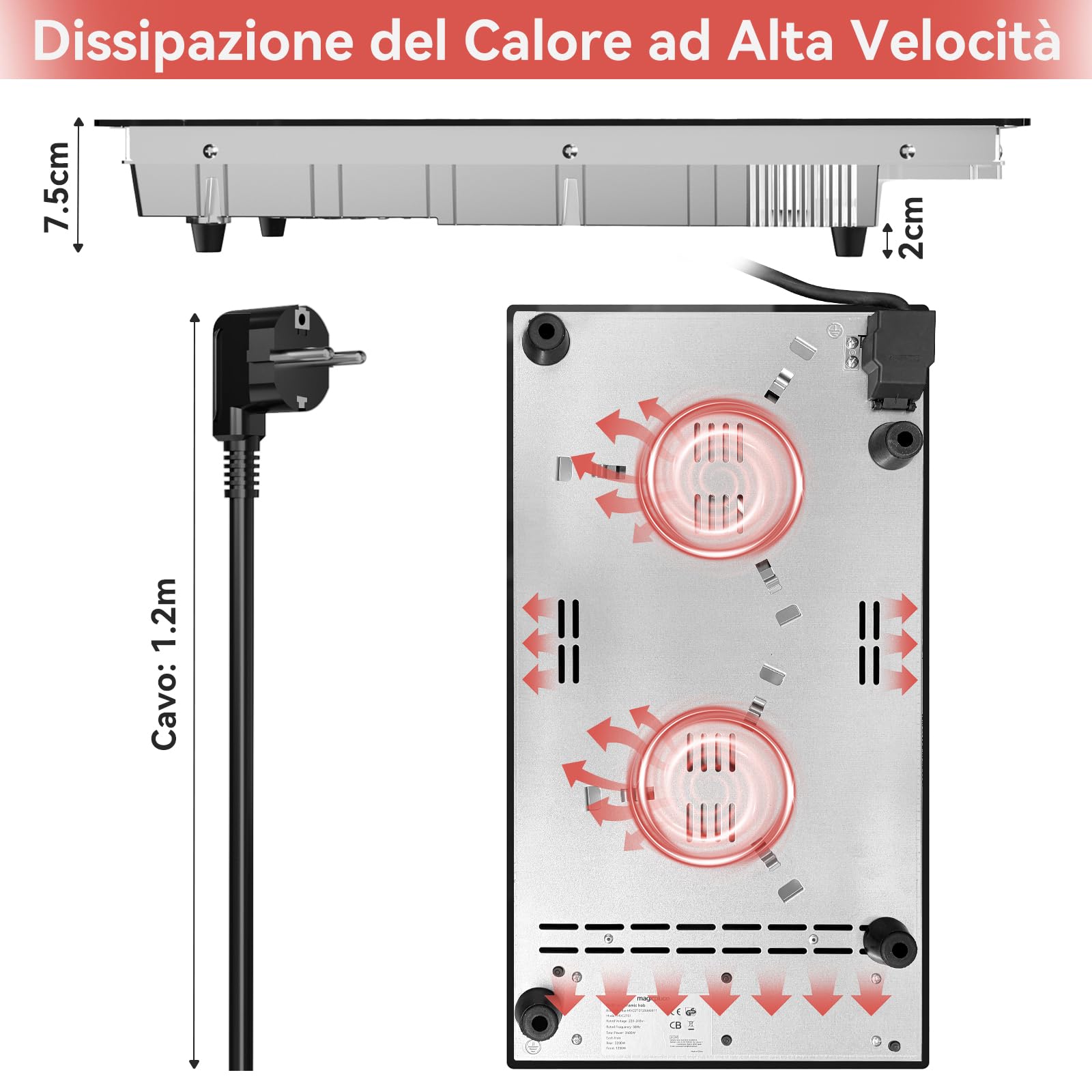 magicplux Piastra Cottura Vetroceramica 2 Zone, 3400 W, 29,5 cm, 9 Livelli di Calore, Controllo Tattile, Blocco Bambini, Timer 1-99 Min, Compatibile con Tutte le Pentole, con Spina