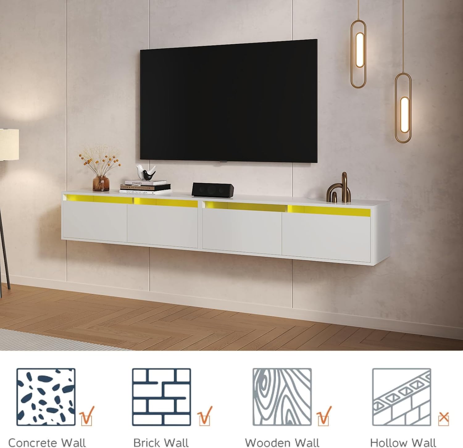 HedoAjim Floating TV Stand for 55 65 70 75 78 85 95 inch TV, for Living Room, Bedroom, Wall-Mounted Entertainment Center with 2 Flip-Down Cabinet Doors, with LED Lights, Black, Set of 2
