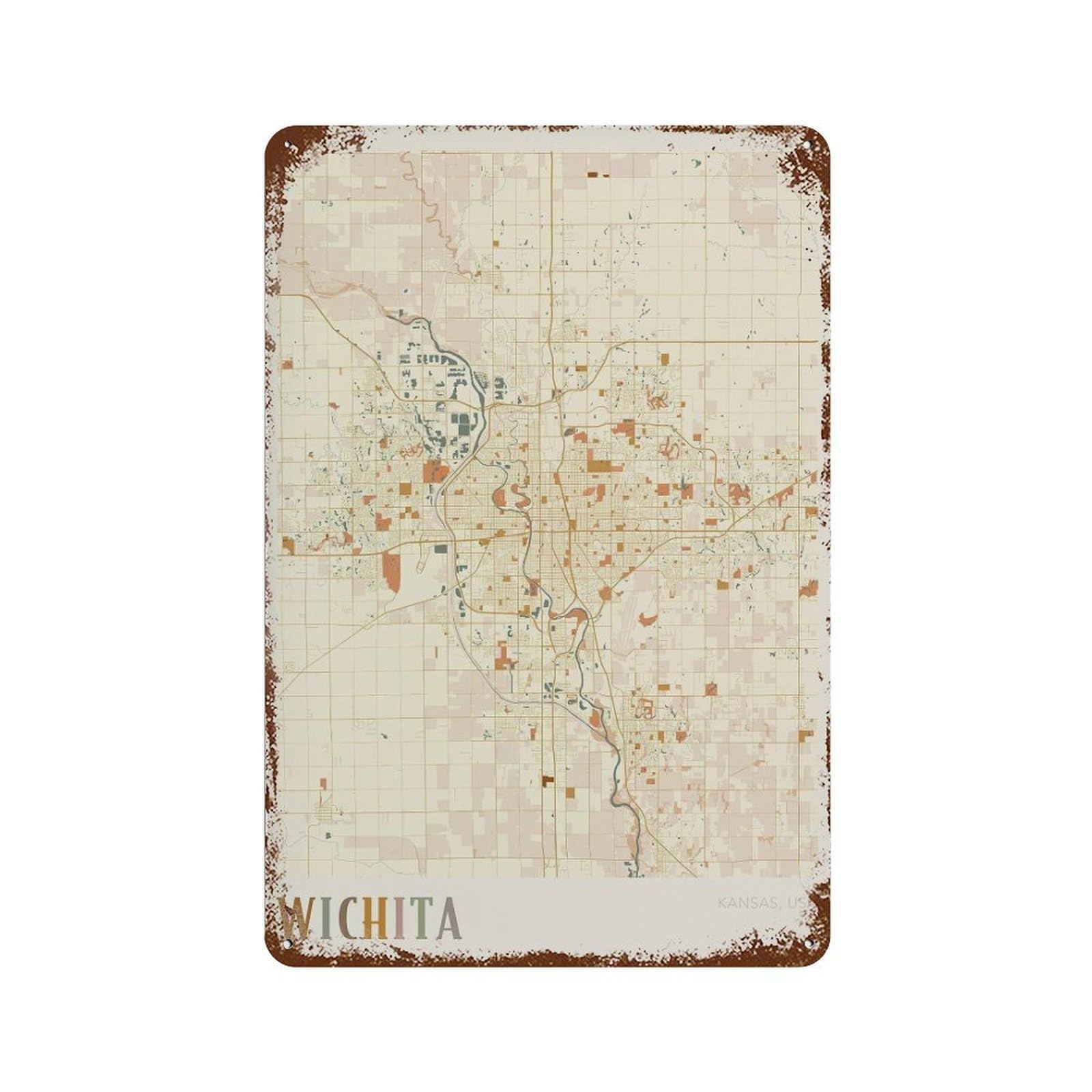 xiaoxiaoshen Wichita Map Kansas Travel Gift Boho Wall Decor Art Metal Tin Poster Modern Home Decor Art Home Bar Shop Decorations Vintage Sign 30x20cm