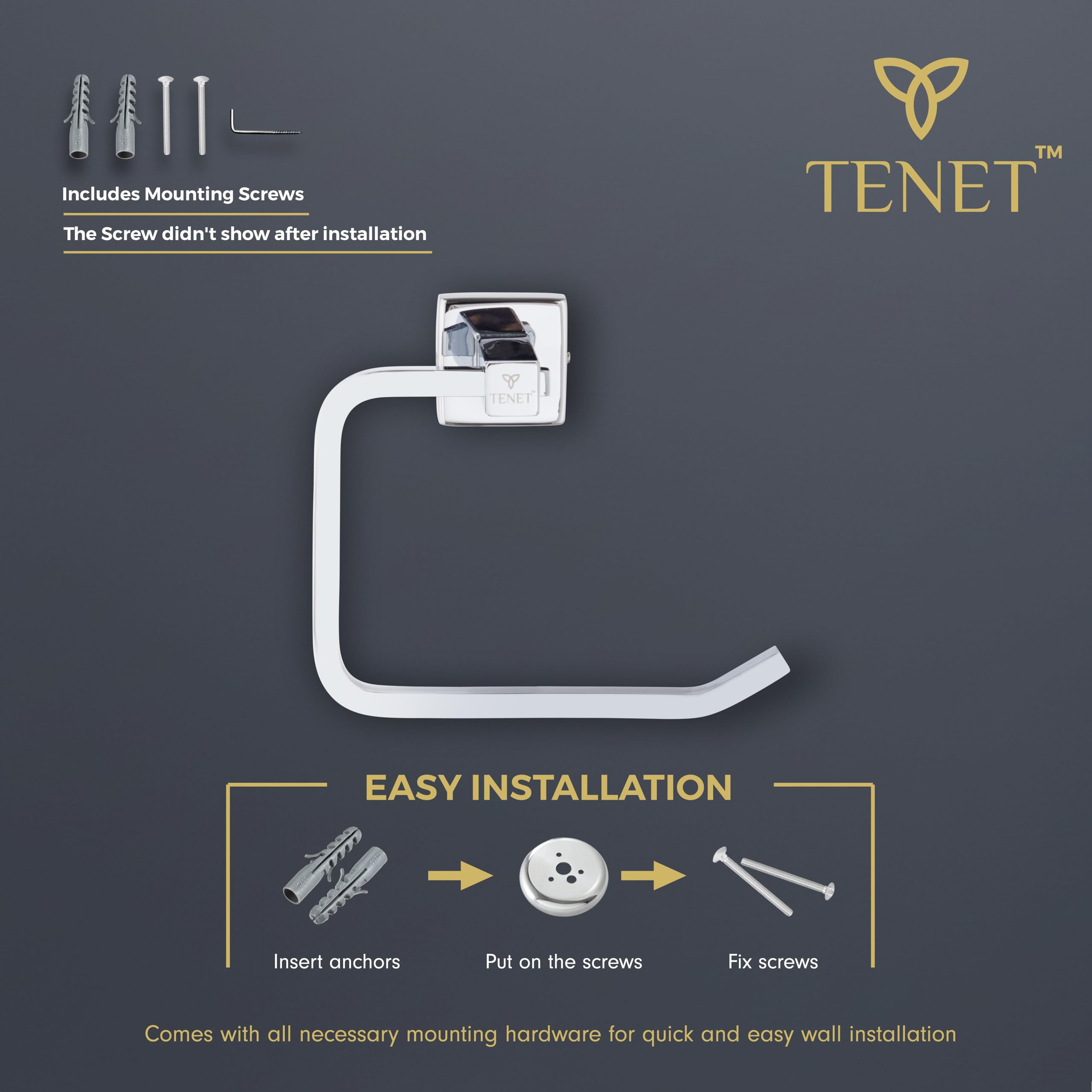 TENET Towel Ring/Hand Towel Holder/Washbasin Napkin Stand/Towel Hanger/Napkin Loop Wall Mounted Bathroom Accessory | with 1 Year Warranty Towel Ring (Chrome) 4
