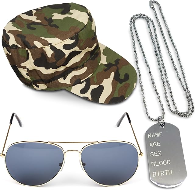 Instant Army Fancy Dress Set - Camouflage HAT Dog Tags Gold Aviators Mens Ladies Unisex