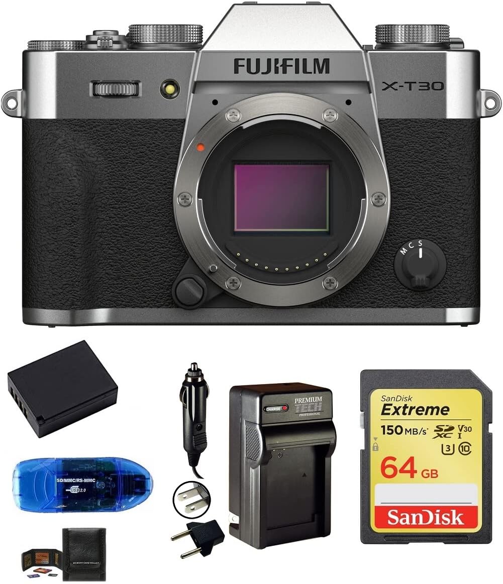 FUJIFILM X-T30 Mark II Mirrorless Digital Camera Body (Silver) Bundle, Includes: SanDisk 64GB Extreme SDXC Memory Card, Card Reader, Spare Battery, AC/DC Charger and Memory Card Wallet (6 Items)