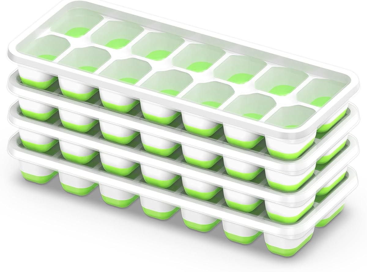 ChefAide Ice Cube Tray with Lid, 4 Packs 56 Cubes Durable Stackable Ice Cube Trays for Freezer with Removable Lids, Easy-Release Plastic & Silicone Ice Tray for Cocktail, Coffee